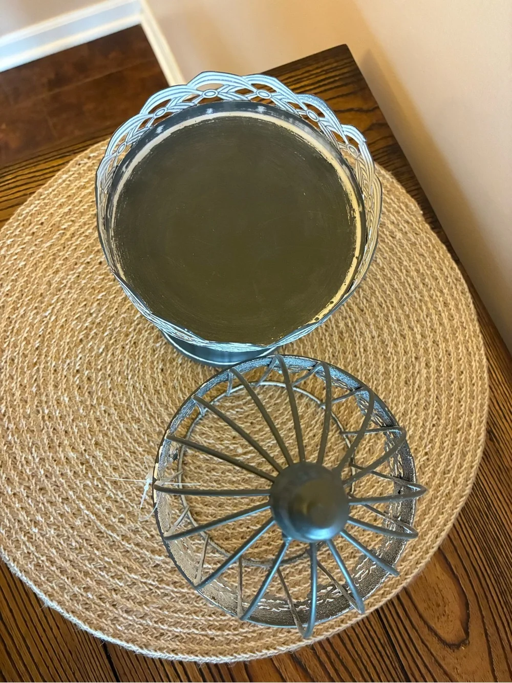 Hobby Lobby Decor Set of 2 Charcoal Gray/White Birdcage & Dark Brown Tray/Basket